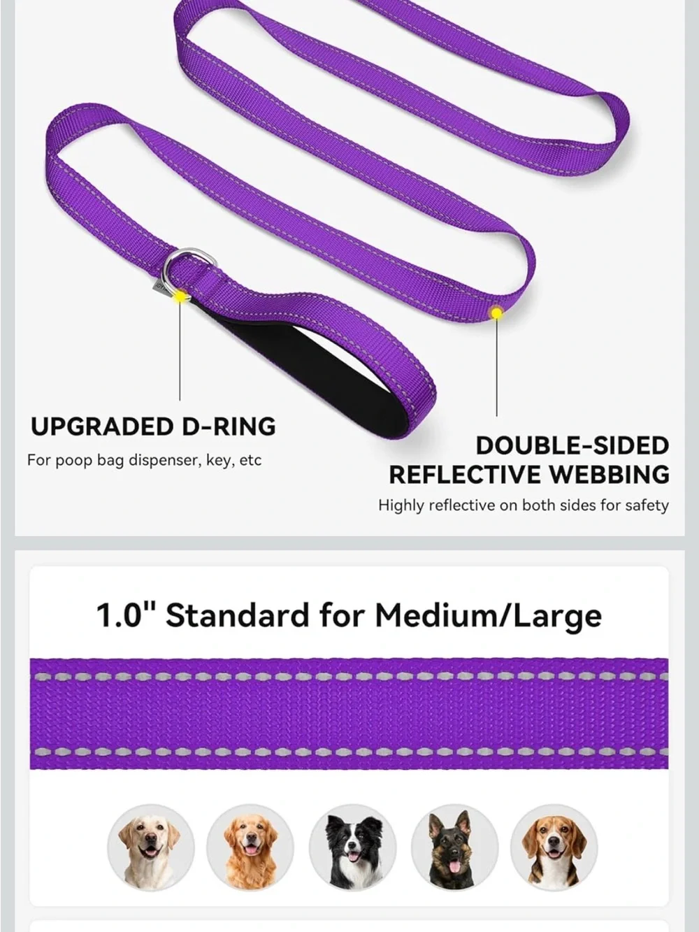 BRAND NEW Joytale Reflective Purple Dog Leash with D-Ring - 15-40 lbs - Picture 6 of 8